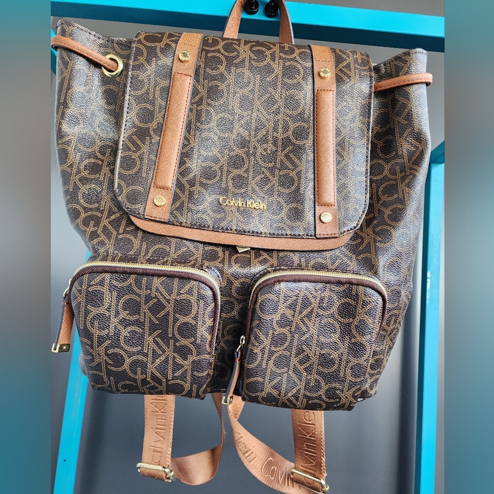 Calvin Klein Brown Logo Monogram Backpack with Tan Trim